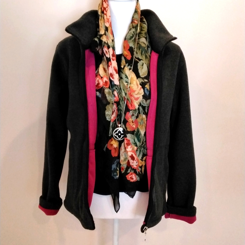 Gray Fleece  Zip-Up Jacket Lined with Fushia Fleece